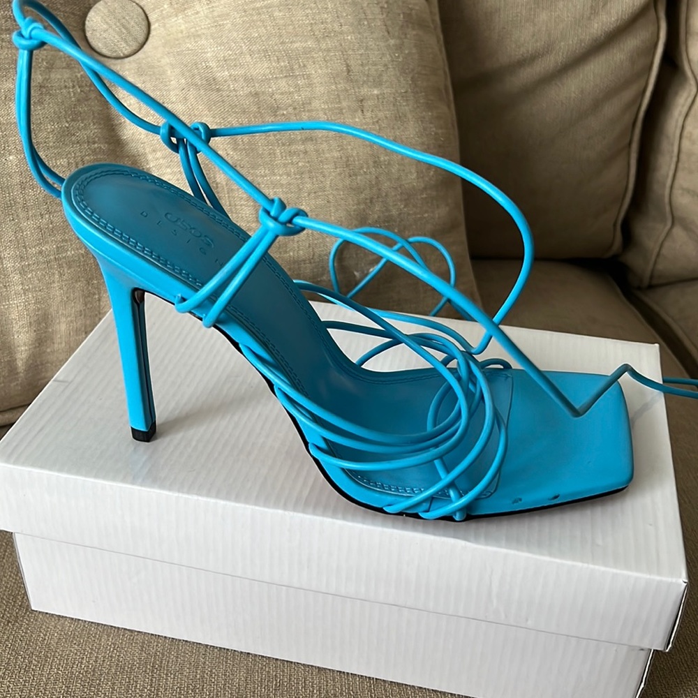 ASOS wide fit Nina Strappy Tie leg heeled sandal in bright blue. Runs small